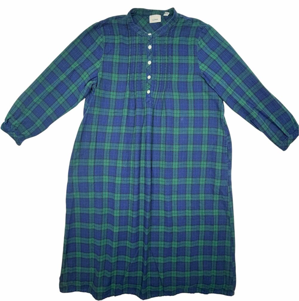 L.L.Bean Womens L Petite Flannel Nightgown Black Watch Plaid Cotton Henley